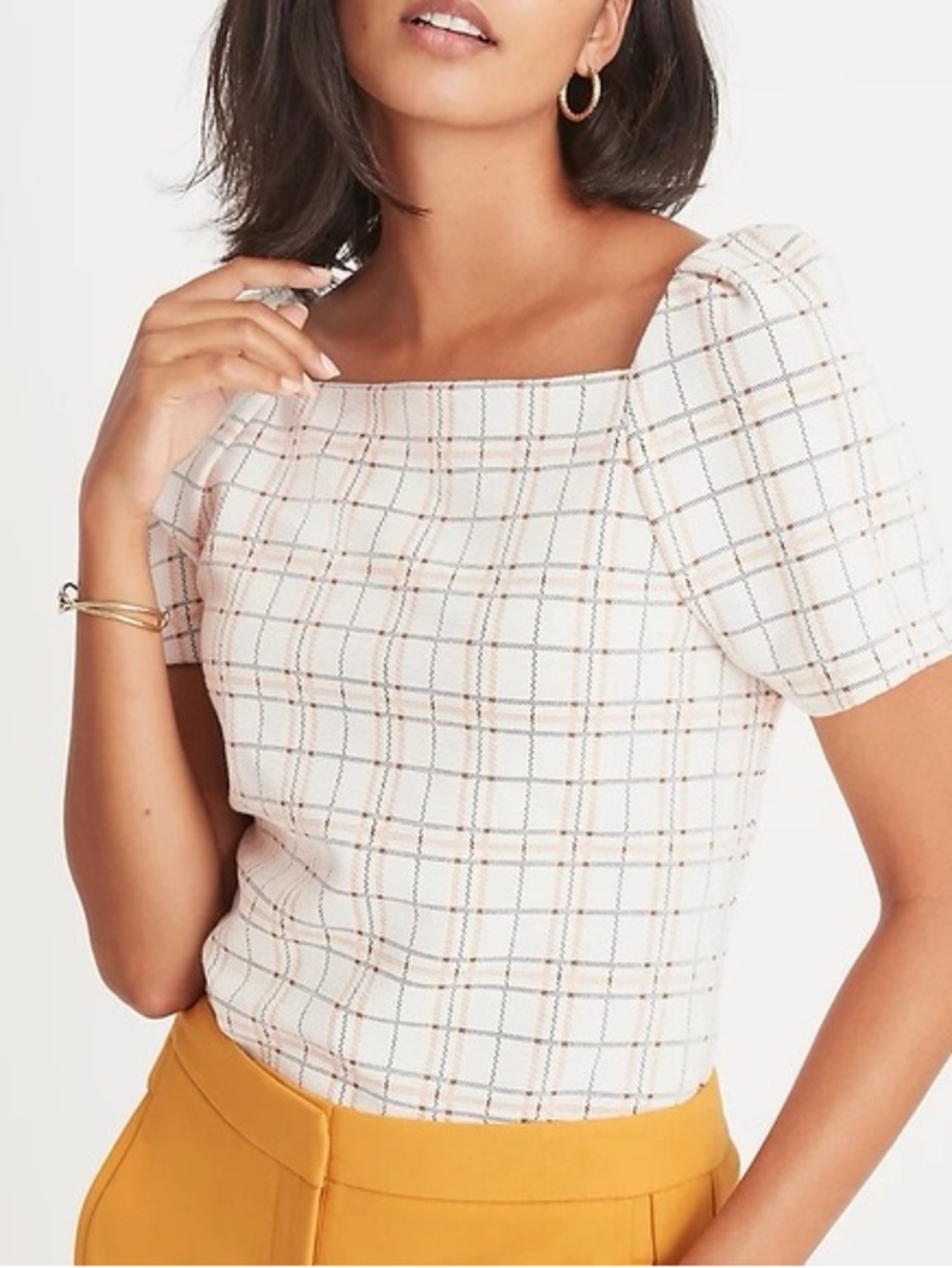 Ann Taylor Cream Plaid Square-Neck Puff Sleeve Top